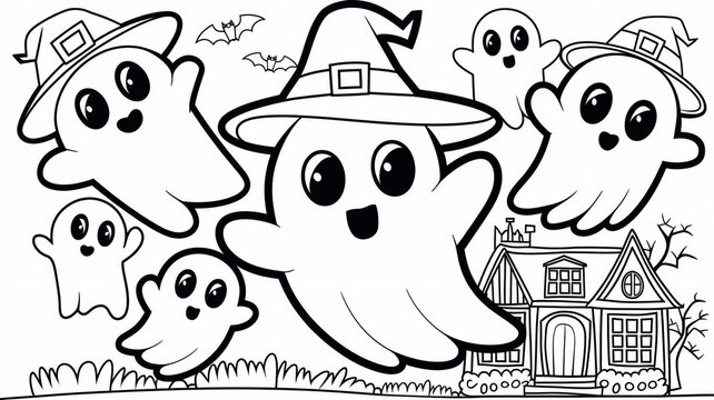Cute ghosts wearing witch hats outline doodle cartoon illustration. Halloween coloring book page activity for kids and adults. Coloring page, bold and easy
