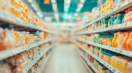 A blurred view of a grocery store aisle filled with various beverage bottles.