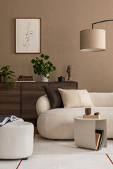 A refined living space featuring minimalist decor, a cozy sofa, and lush plants. The perfect...