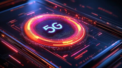 Ultra-fast mobile connectivity is promised via a luminous 5G speedometer on a sleek smartphone interface.
