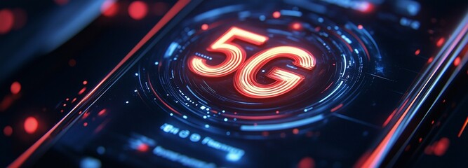Ultra-fast mobile connectivity is promised via a luminous 5G speedometer on a sleek smartphone interface.