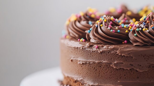 Closeup of a perfectly iced chocolate cake with sprinkles on a white background showcasing dessert ideas baking inspiration and sweet treats