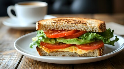 Fresh vegetable sandwich, toasted bread, vibrant ingredients, sliced tomatoes, crisp lettuce, avocado, on white plate, coffee cup in background, walnut wood table surface.