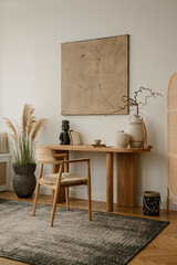 Natural wood desk paired with a stylish chair and minimalist decor, ideal for creating a peaceful...