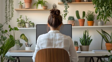 Home office setup, woman in white shirt working at desk, back view, minimalist workspace, computer screen, potted plants, floating shelves, green indoor plants, clean white interior.