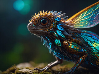 Obraz premium Create a detailed close-up of a small, fantasy animal with glowing, patterned wings and a vibrant, iridescent body.