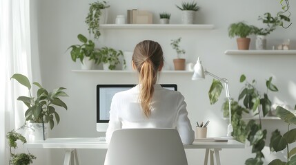 Home office setup, woman in white shirt working at desk, back view, minimalist workspace, computer screen, potted plants, floating shelves, green indoor plants, clean white interior.