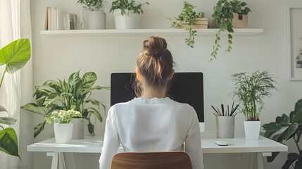 Home office setup, woman in white shirt working at desk, back view, minimalist workspace, computer screen, potted plants, floating shelves, green indoor plants, clean white interior.