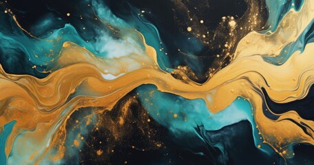 A vibrant abstract artwork featuring flowing colors of gold, teal, and black, creating a dynamic and fluid composition.