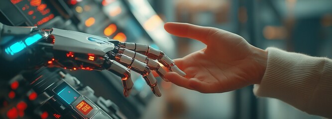 A Hand Extended Towards An AI Robot Hand Before A Control Panel Animation Robotics Engineering