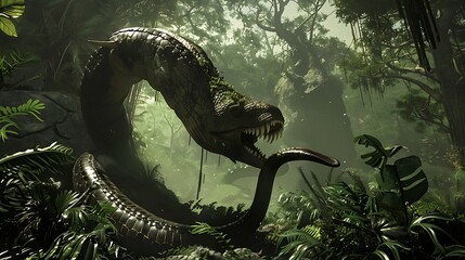 Titanoboa coiled around prehistoric mammoth jaw unhinged begin swallow massive prey scene capture raw power primal ferocity of Titanoboa set against backdrop of lush primeval forest dense foliage