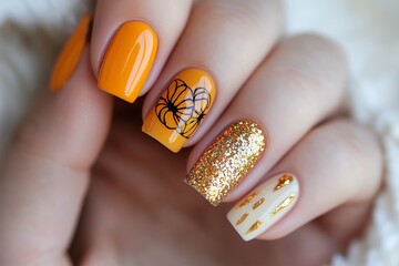 bold fall themed nails with vibrant orange polish, glitter accent nails, and a design featuring tiny pumpkins