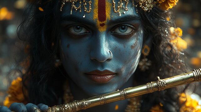 Closeup portrait of Krishna hindu deity god playing flute in serene traditional setting new beautiful stock image illustration AI