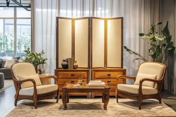 Interior of stylish living room with folding screen, chest of drawers, armchairs and carpet , ai