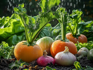 Fresh organic vegetables in a vibrant garden, glistening with water droplets under sunlight. Perfect for themes of healthy eating, organic produce, and sustainable farming.
