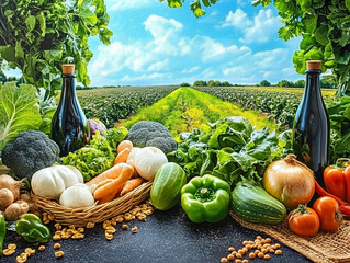 Fresh organic vegetables on a table with countryside landscape in the background. Healthy food concept with farm produce and natural setting.