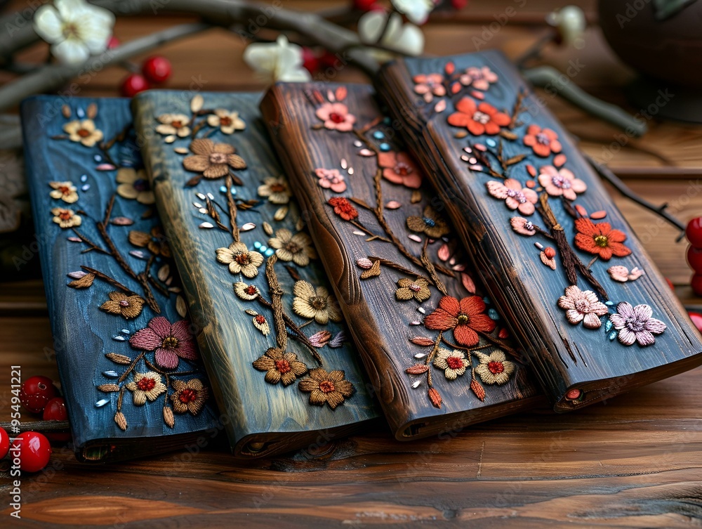 Poster a group of wooden rectangular objects with flowers on them.