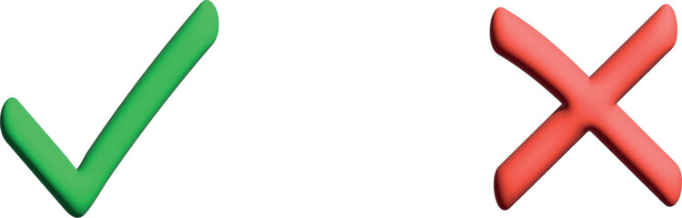 3d symbol. Sharp green checkmark and red cross on isolated white background vector symbol for right and wrong choices. Symbol of choice. Modern flat design, Checkmark icon set. Checkmark right symbol 