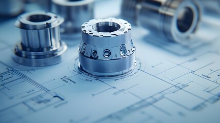 Mechanical engineering blueprint, precision metal parts, cylindrical components, technical drawings, machined steel elements, industrial design, bright studio lighting.