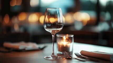 Obraz premium A beautifully set dining table featuring a wine glass and candle, creating an inviting atmosphere.