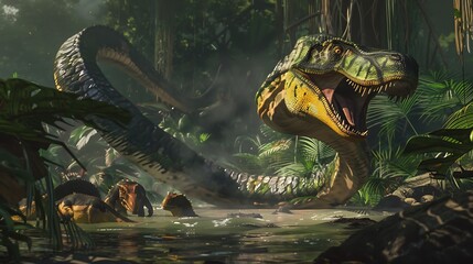 Titanoboa confronting group of dinosaur near watering hole body coiled ready strike scene capture prehistoric drama tension vibrant color of jungle dinosaurs contrasting dark ominous form of Titanoboa