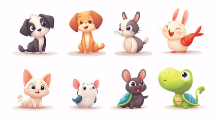Fototapeta premium Collection of Cute Cartoon Pet Animals Featuring Adorable Characters