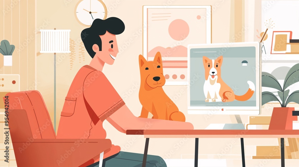 Poster man working from home with dog and computer