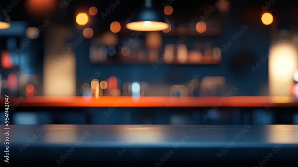 Poster a softly lit bar counter with blurred shelves in the background, creating an inviting atmosphere.