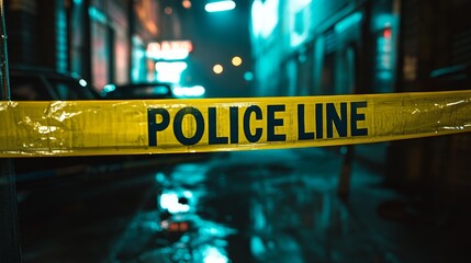A police line cordon in a dimly lit urban alley, indicating a crime scene.