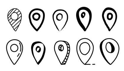 Doodle map pin, hand drawn navigation, sign location. Set isolated on white background.