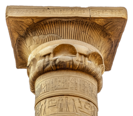 Ancient Egyptian column with intricate hieroglyphs isolated on transparent background