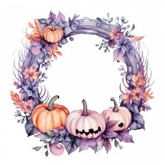 A whimsical autumn wreath featuring colorful pumpkins and delicate flowers, perfect for seasonal decor or festive invitations.