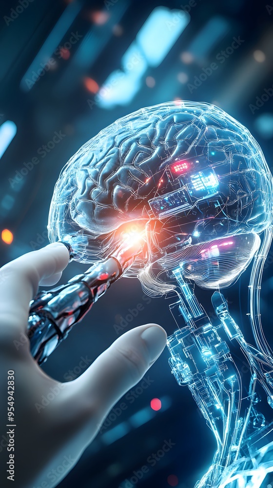 Poster artificial intelligence concept - robotic hand interacting with digital brain.