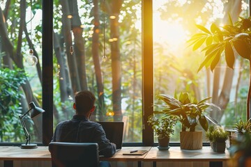 Business person working on a laptop in a modern home office with a large window - Copy space