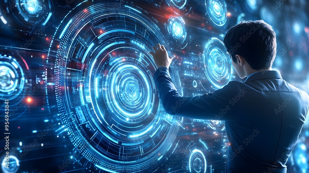 Poster man interacting with holographic interface.