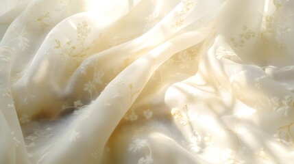Fototapeta premium Soft white curtains with delicate floral pattern, sunlit window, bright morning light, ethereal atmosphere, close-up of fabric texture, golden hour glow, dreamy aesthetic.