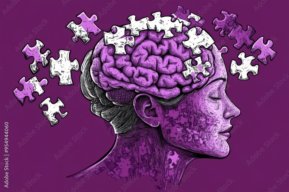Poster long term potentiation synaptic plasticity conceptual illustration of a womans head with puzzle piec