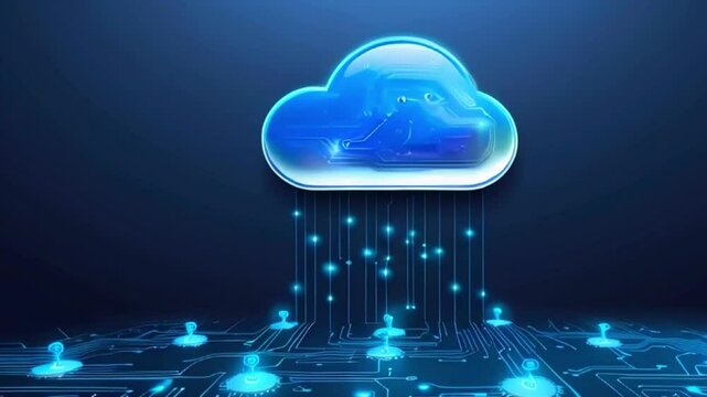 A digital illustration of a cloud with circuit board texture, radiating data down onto circuit board pathways.