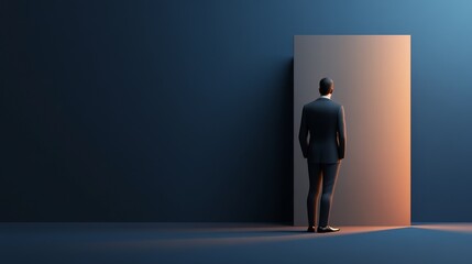 Obraz premium A businessman stands before an open door, contemplating new opportunities in a minimalist environment.