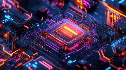 Obraz premium This template showcases a modern circuit board design, illuminated with vibrant colors that highlight its advanced technological features