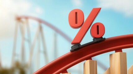 Interest rate percentage sign descending on a roller coaster, volatile financial markets concept