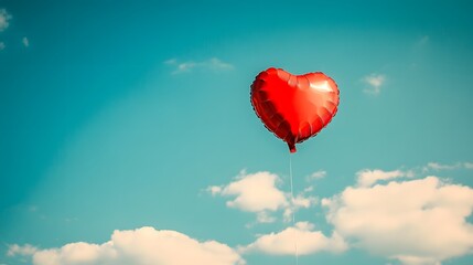 Fototapeta premium Vibrant red heart-shaped balloon, clear blue sky, fluffy white clouds, bright sunny day, floating balloon, symbol of love, freedom concept, minimalist composition, uplifting mood.