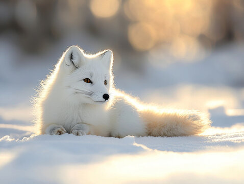 A white fox is laying in the snow