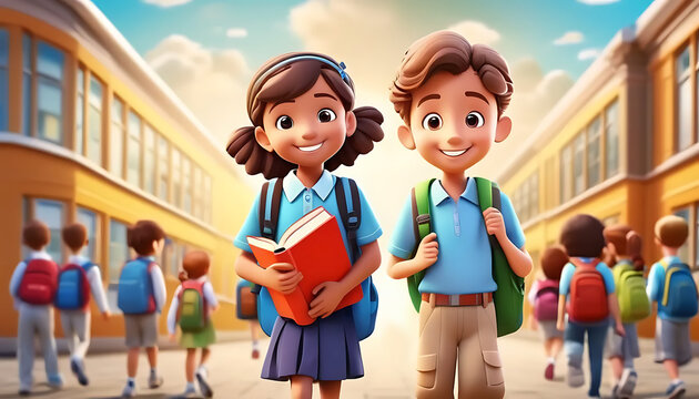 3D student girl and boy wearing a backpack in school by ai generated