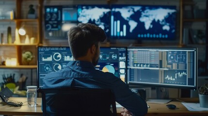 Big data analyst working with AI-driven tools real-time performance metrics and detailed data charts