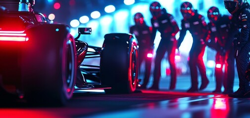 Black racing car at a pit stop, surrounded by a focused pit crew, vibrant and high-energy scene with futuristic lighting