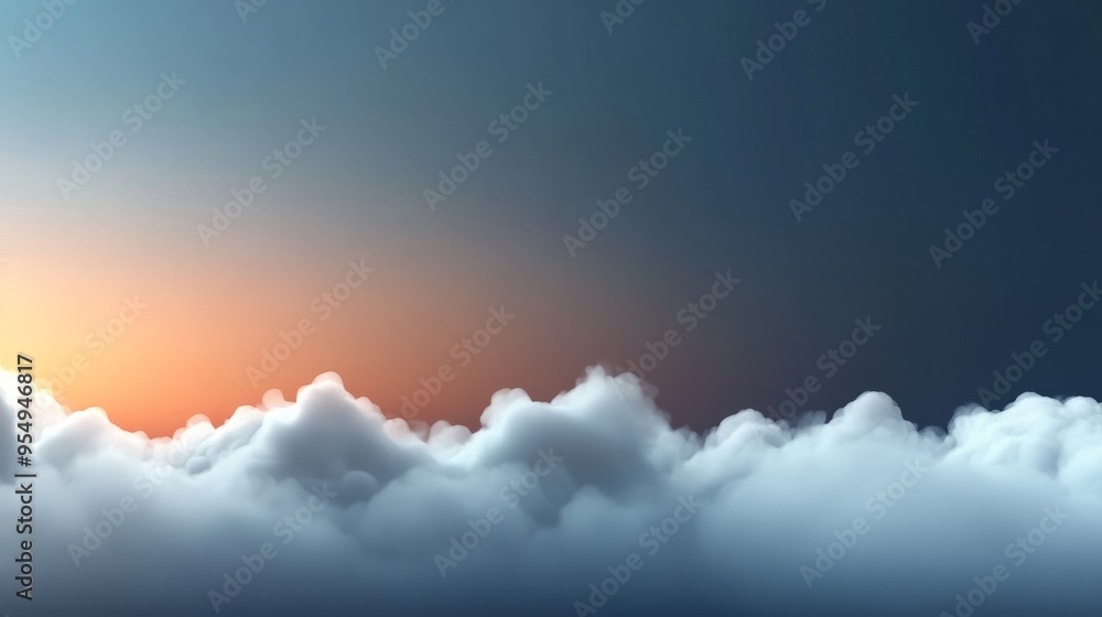 Poster a tranquil view of clouds under a colorful sunset, creating a serene atmosphere with soft light and 