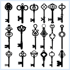 Door key silhouette set, Key icons set, keys doodles vector illustration