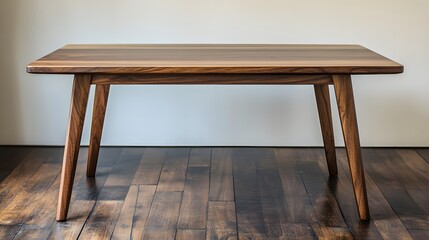 Walnut wood coffee table, mid-century modern design, clean lines, minimalist furniture, rich brown tones, smooth wooden surface, tapered legs, simple elegance.