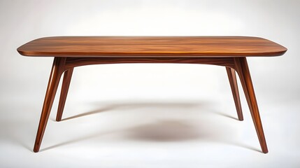 Fototapeta premium Walnut wood coffee table, mid-century modern design, clean lines, minimalist furniture, rich brown tones, smooth wooden surface, tapered legs, simple elegance.
